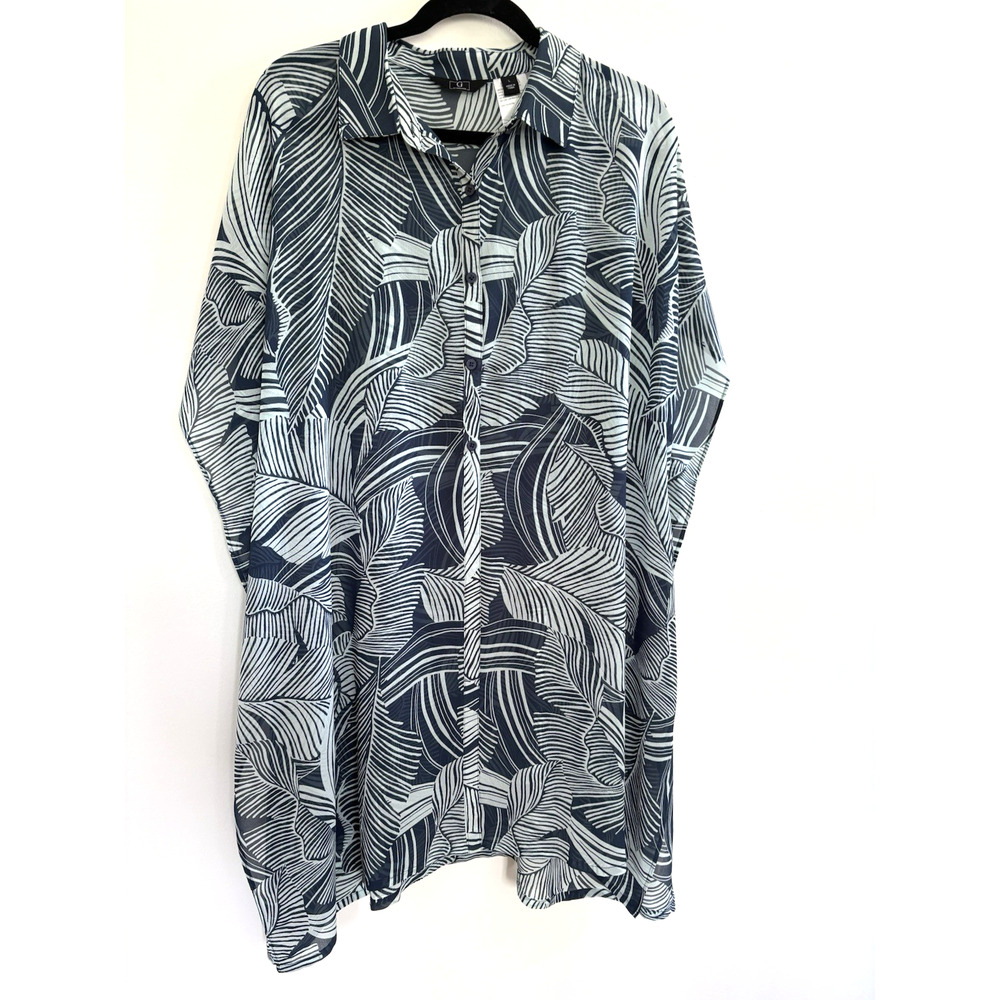 G by‎ Giuliana Navy Tropical Leaf Sheer Button Down Kaftan Tunic Top Large